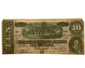 1864 Confederate States $10 Civil War Note – Horse-Drawn Artillery; Retail $125