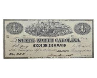 1863 State of North Carolina $1 Civil War Treasury Note – Exceptional Condition; Retail $200
