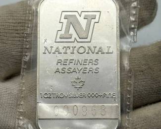 Vintage National Refiners & Assayers 1 Troy Oz .999+ Fine Silver Bar – Canada – Serial #000958