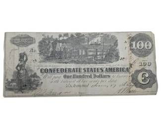 1862 Confederate States $100 “Train Note” – Civil War Currency – Savannah Interest-Paid Stamps