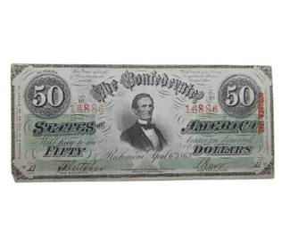 1863 Confederate States $50 Jefferson Davis Note – Civil War Currency; Retail $250