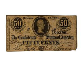 1864 Confederate State of Virginia 50-Cent Civil War Treasury Note; Retail $125