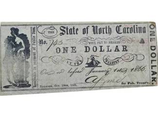 1861 State of North Carolina $1 Civil War Treasury Note – Original Hand-Cut Issue; Retail $175