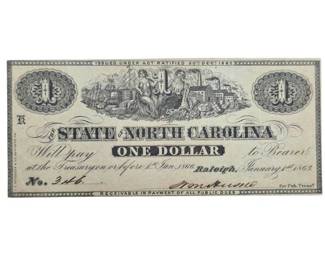 1863 State of North Carolina $1 Civil War Treasury Note; Retail $200