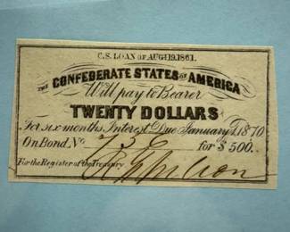 1861 Confederate States $20 Civil War Loan Interest Coupon – $500 Bond - Higher Grade!