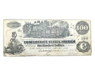 1862 Confederate States $100 “Train Note” – Civil War Era – Savannah Interest Stamps