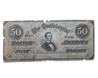 1864 Confederate States $50 Jefferson Davis Note – Civil War Currency; Retail $150