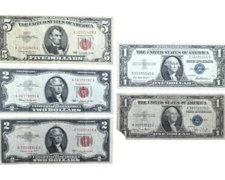 Collection of 5 Vintage U.S. Silver Certificates & United States Notes – $1, $2 & $5; Retail $175