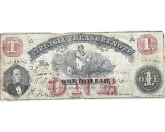 1862 Virginia Treasury $1 Note – Civil War Era – Richmond Issue; Retail $125
