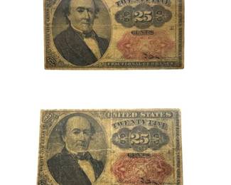 Pair of 1874 U.S. 25-Cent Fractional Currency Notes – Robert J. Walker – 5th Issue; Retail $150