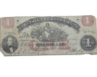 1862 Virginia Treasury $1 Civil War Note – Lucky “888” Ending Serial Number
