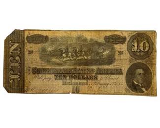 1864 Confederate States $10 Civil War Note – Horse-Drawn Artillery; Retail $100