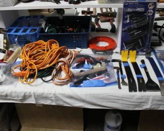 ASORTMENT OF PRY BARS, ELECTRIC CORDS, AND MORE