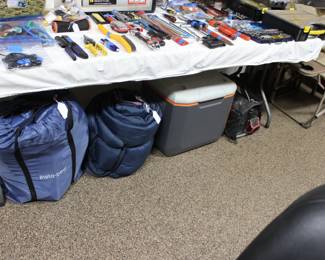 SLEEPING BAG, INFLATABLE BED, COOLER AND TOOL BAG