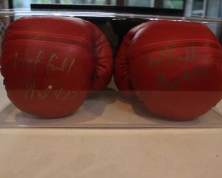 PAIR OF BOXING GLOVES SIGNED BY EVANDER HOLYFIELD. WERE OBTAINED IN 1992 AT AN AUCTION BY MEMBERS OF THE SECRET SERVICE TO RAISE FUNDS FOR VICTIMS OF HURRICANE ANDREW IT WAS HELD AT JACKSONVILLE GOLF AND COUNTRY CLUB