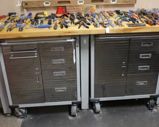 TWO ROLLING TOOL BOXES BY SEVILLE AND A WORK BENCH BY SEVILLE