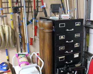 BEDSIDE POTTY CHAIR, TWO WOODEN COLUMS, AND FILE CABINET