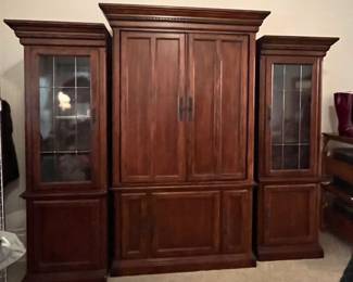 Three piece large TV entertainment console with two matching bookcases. 
