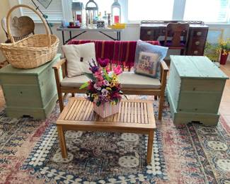acacia cocktail table and loveseat, rustic trunk chests, LARGE basket