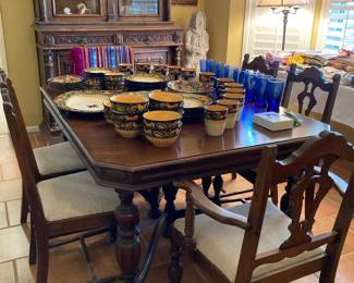 antique dining table and 6 chairs, large Corsica "Crown Jewel" dishes set