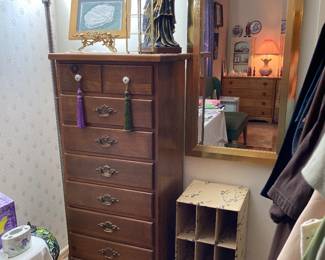 lingerie chest, glass bead tassles, large Virgin Mary, gilt beveled mirror