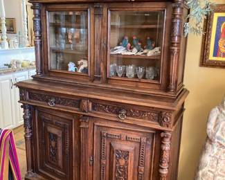 beautiful antique china hutch, Mexican paper floral decor