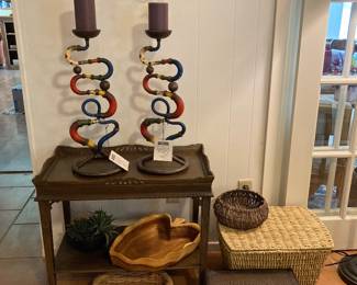 side table, decorative painted Lam Lee iron candlesticks, baskets
