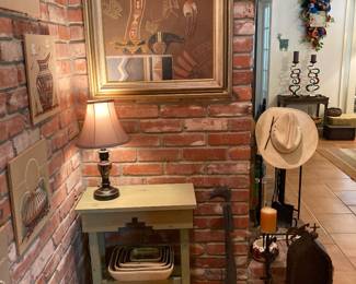 Navajo sand art, small table and lamp, nesting bowls, etc