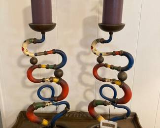 decorative painted iron candlesticks
