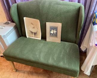 high-back wingback bench, antique ballet photos