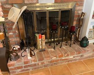 iron fireplace tools, candlesticks set, carved monk, lantern, etc.