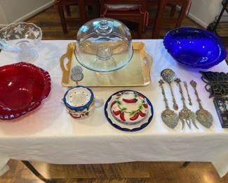 glass bowls, cake dome on pedestal, etc.
