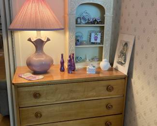 four drawer chest, lamp, decor, small shelf cabinet