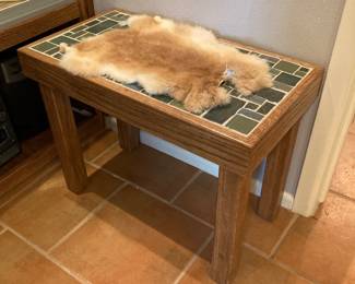 rabbit pelt, small iridescent tile side table