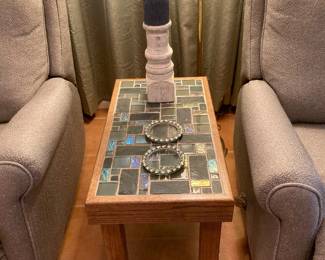 small iridescent tile side table, carved angel, coasters