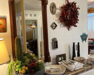 faux succulents bowl, carved beveled mirror, chip and dip, Nambe flatware