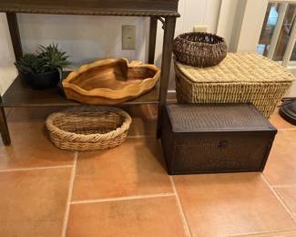 baskets, carved leaf bowl, small trunk