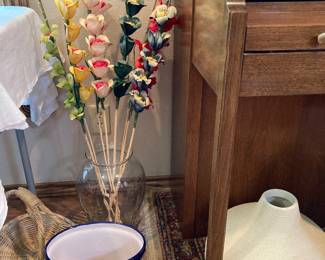 paper flowers, Talavera waste basket, vase