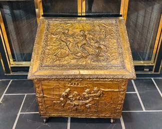 Antique brass embossed coal bin
