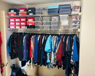 Closet full of clothes, shoes, purses, scarves, belts