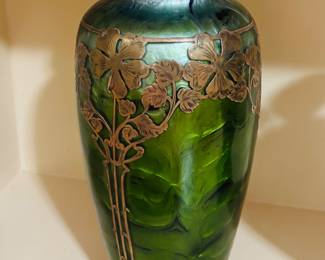 Art Nouveau Green glass vase with overlay