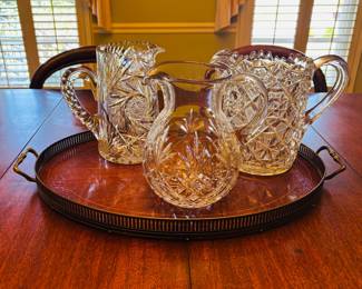 Brilliant cut and pressed glass on tray with mahogany insert