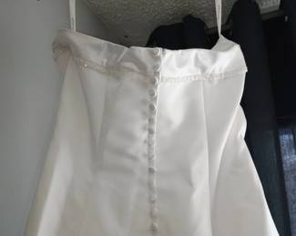 David's Bridal strapless A-line wedding gown – Back view showing classic buttons