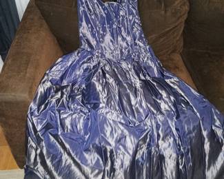 Rare vintage Jessica McClintock / Gunne Sax formal gown featuring iridescent metallic navy fabric.