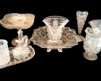 Manganese Cambridge Glass Rose Point Pedestal Bowl, Vases, More
