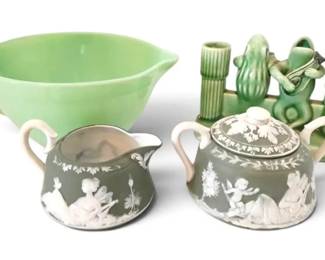 Green Jasperware Sugar Creamer Set, FireKing Jadeite Bowl, Frog Candleholder