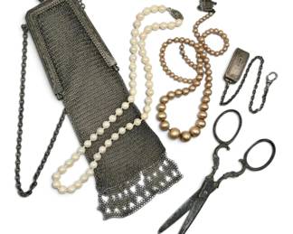 Antique Silver Mesh Coin Purse, Pearl Necklaces, Scissors, More