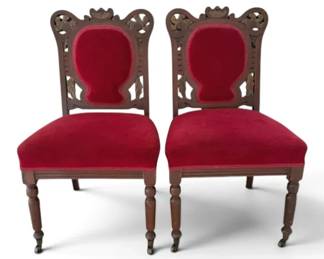 VictorianStyle Carved Wooden Parlor Chairs w Red Velvet Upholstery