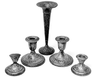 Sterling Silver Weighted Candleholders Trumpet Vase 1,195g Total