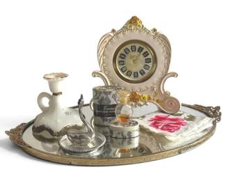 GoldToned Mirrored Vanity Tray, Holland Mold Porcelain Clock, More